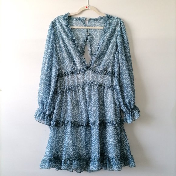 Unbranded Blue Balloon Sleeve Deep V Neck Ruffled Animal Print Mini Dress Size L - Picture 1 of 6